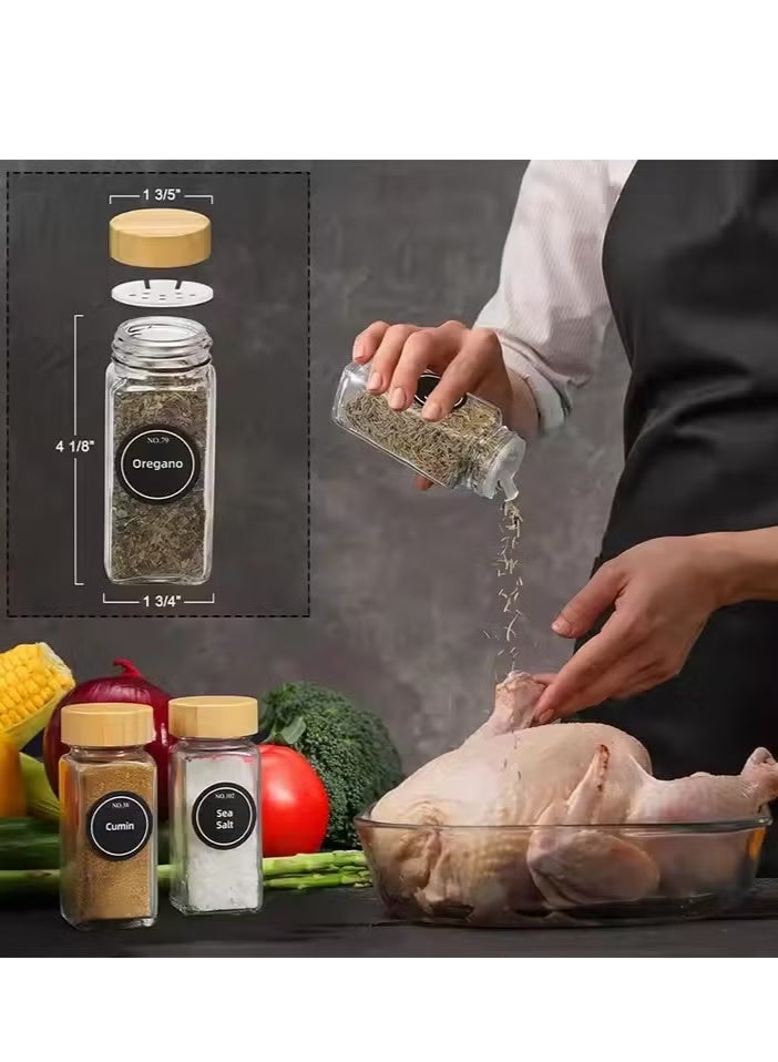 24 قطعة من برطمانات التوابل الزجاجية الفارغة توابل مربعة للاعشاب والتوابل لتخزين وتنظيم المطبخ بالأغطية وقمع للتعبئه وملصقات باللغه العربية والانجيليزية - Image 5